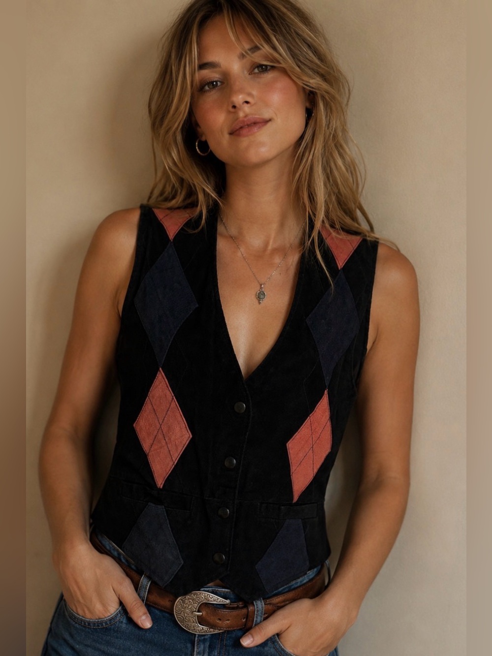 Northwest Territory Black, Navy, Pink  Diamond Pattern Leather Vest. Size Small